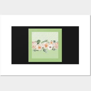 Sage Stripes and Gingham Roses Peach Pink Posters and Art